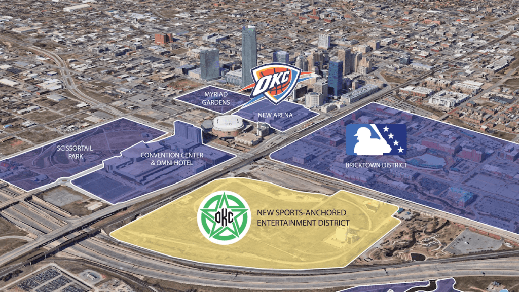 Oklahoma City Stadium District rendering. Highlighted in yellow is OKC For Soccer's home stadium location MAPS 4 Multipurpose Stadium