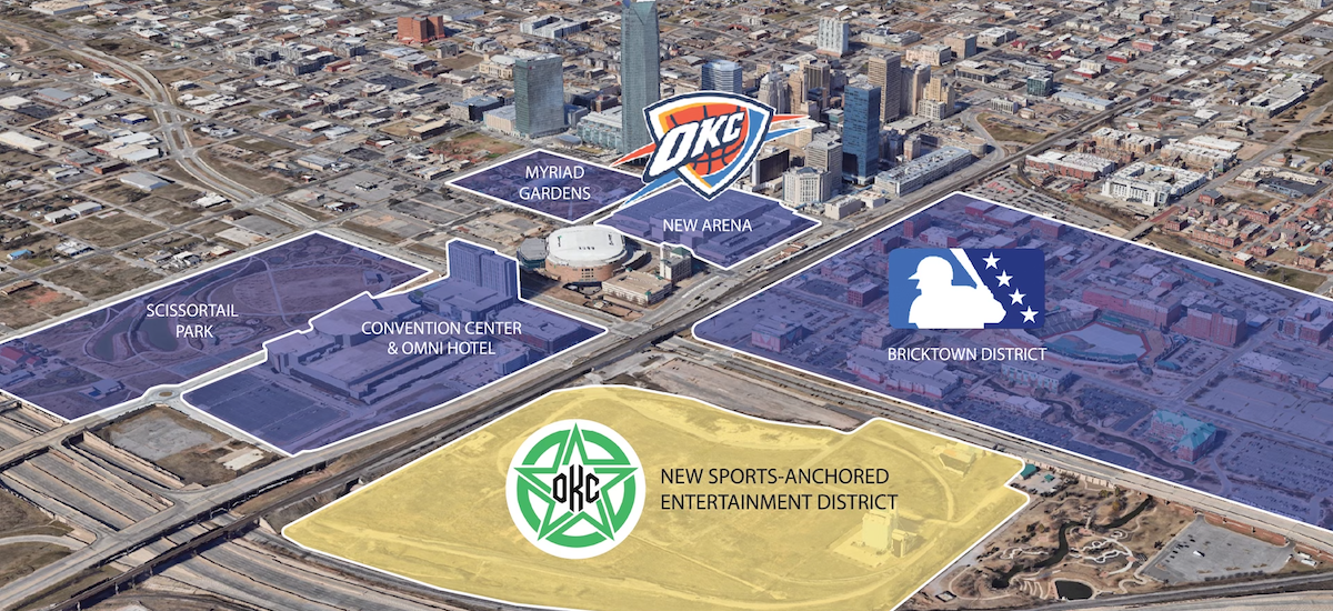 Oklahoma City Stadium District rendering. Highlighted in yellow is OKC For Soccer's home stadium location MAPS 4 Multipurpose Stadium